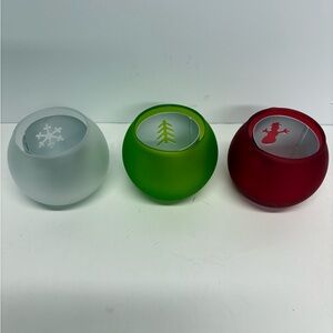 Partylite Holiday Frosted Glass Candle Holders Set - Red, Green, and Gray NWT
